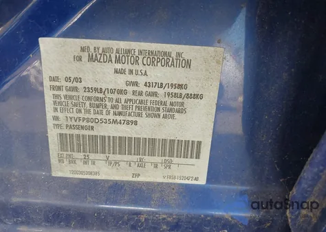 2003 Mazda Mazda6 S из США, поврежденный, VIN 1YVFP80D535M47898